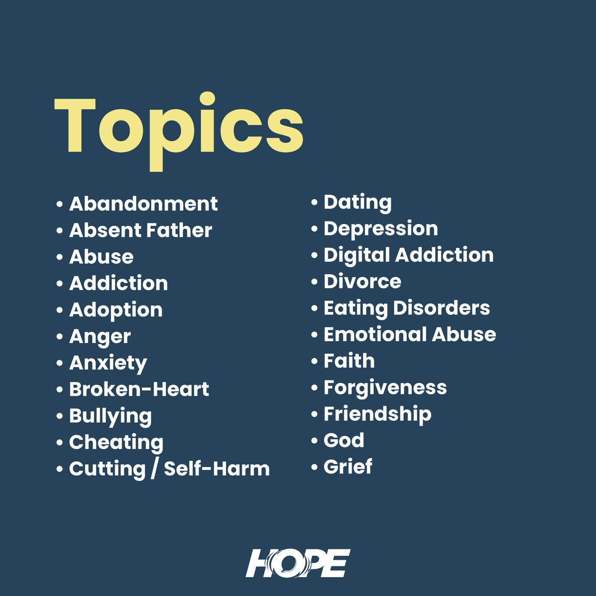 thehopeline's tweet photo. These are all the topics we cover at TheHopeLine... with more to come! #mentalhealth #relationship #anxiety #depression #thehopeline https://t.co/ajHZF4FXun
