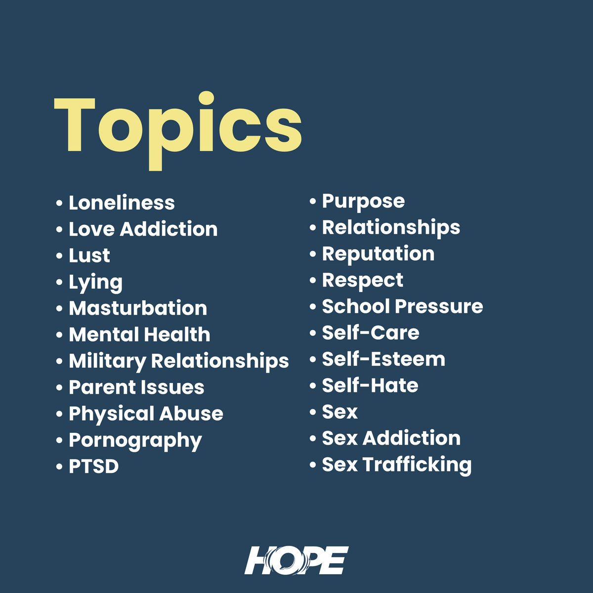 thehopeline's tweet photo. These are all the topics we cover at TheHopeLine... with more to come! #mentalhealth #relationship #anxiety #depression #thehopeline https://t.co/ajHZF4FXun