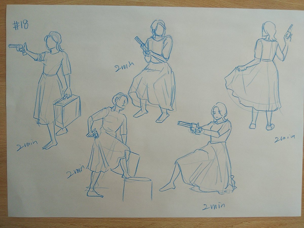 #さとまこクロッキー
#今日のクロッキー

＃17&amp;18
17、ちょっとむずかしいけど、繰り返し練習したい座りポーズ。
18の女強盗？かっこいい！🤩✨
銃を描きこもうとしてしまい、あまり顔までたどりつけませんでした😂 https://t.co/vcKCWpg2bE