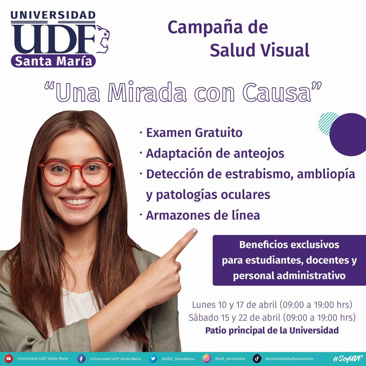 UDF_SantaMaria's tweet photo. Comunidad UDF

Acompáñenos a la Campaña de Salud Visual “Una Mirada con Causa”, que se llevará a cabo en el Patio de la Universidad. 

¡Los esperamos! https://t.co/a1FMP94jnw