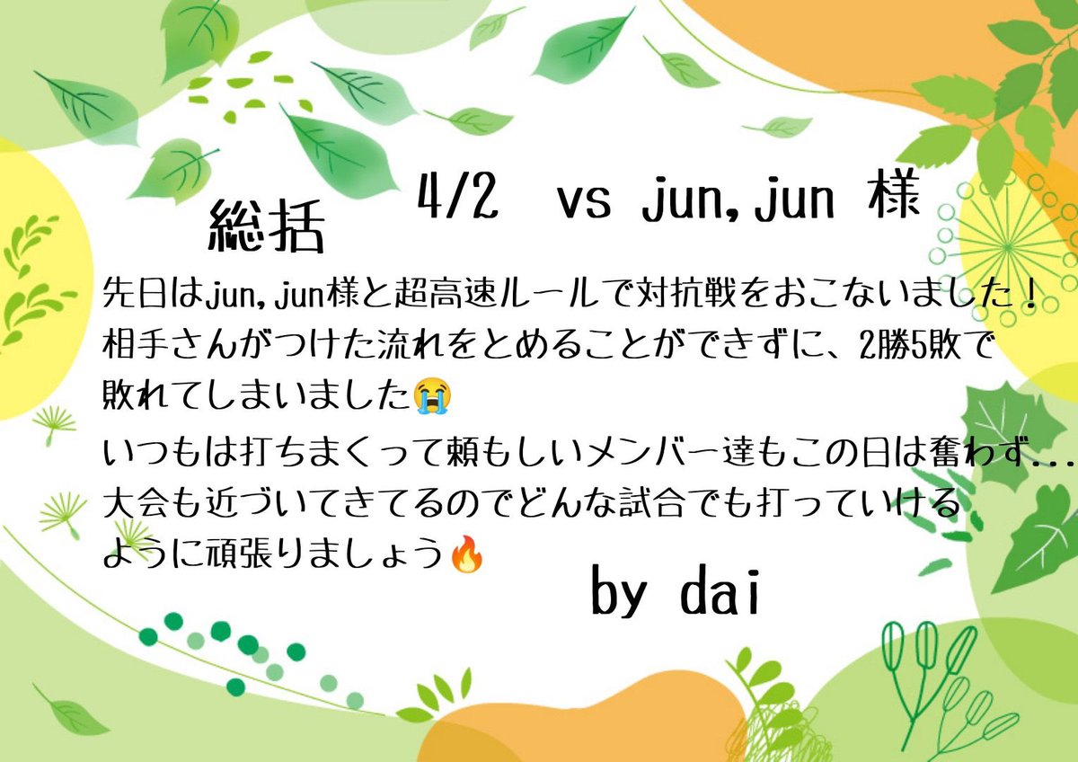 遅くなりましたが、先週行われた対抗戦の結果です！
残念ながら2-5と完敗...😂

対戦していただいたjun,junさま（<a href="/junjun_prosupiA/">jun,jun</a> ）ありがとうございました！

#プロスピA #プロスピクラン