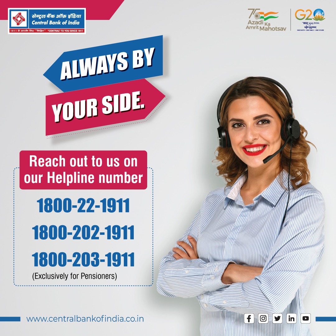centralbank_in's tweet photo. Reach out to us on our helpline numbers: 
1800-22-1911
1800-202-1911
1800-203-1911 (Exclusively for Pensioners)
#CentralToYouSince1911 https://t.co/9N1A5iNhcn