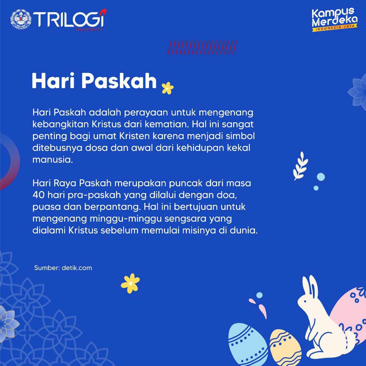Halo Sobat-T!!🙋‍♀️🙋‍♂️

Selamat hari Paskah 2023! Semoga kebangkitan Kristus memberikan berkat dan damai sejahtera bagi kita semua.✨

_
Pendaftaran Online link: pmb.trilogi.ac.id

#UniversitasTrilogi #universitas #infokampus #kampusjakarta #perguruantinggi #kuliah #joinTrilogi