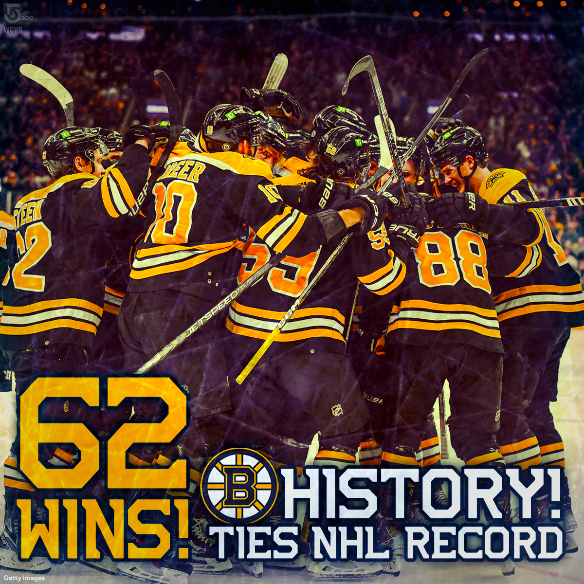 WCVB's tweet photo. HISTORY!!! The #NHLBruins have tied the NHL record for regular season wins, and have a great chance to break the record in the coming days!  Share some ❤️❤️❤️ for this team!! https://t.co/dSs7oQChrx