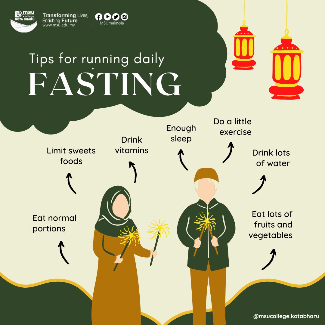 Tips for running daily Fasting. Stay healthy!!

#IhyaRamadan2023
#MSUmalaysia
#msucollegekotabharu