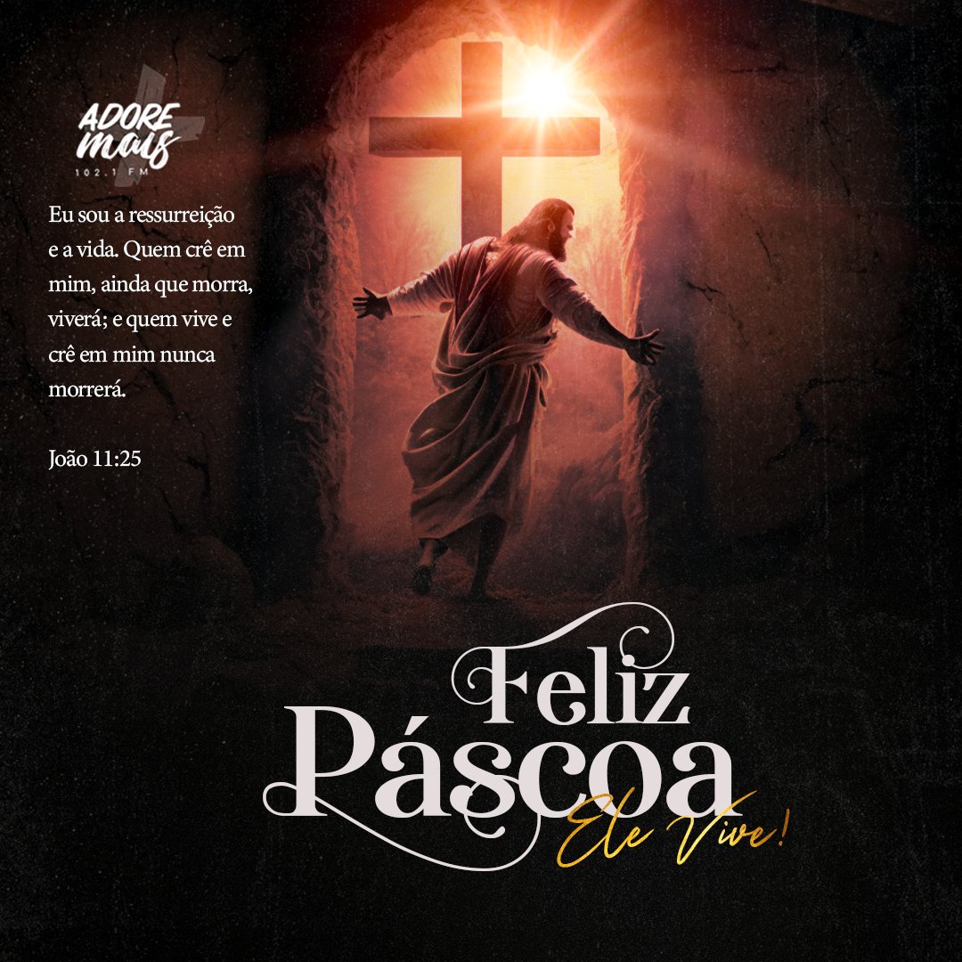 ELE VIVE! 💜🔥

Eu sou a ressurreição e a vida. Quem crê em mim, ainda que morra, viverá; e quem vive e crê em mim nunca morrerá. - João 11:25

#felizpascoa #pascoa #adoremaisfm #adoremais #rádio #Elevive #cruz #amor