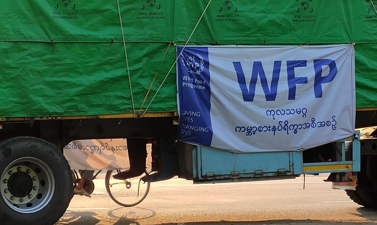 Ro Nay San Lwin (@nslwin) on Twitter photo Local residents in the Bago region, cited by <a href="/Khithitofficial/">Khit Thit Media</a>, have reported that the Myanmar military uses trucks that display the <a href="/WFP/">World Food Programme</a> logo and name banner to transport food rations.
Photo: Khit Thit Media Local residents in the Bago region, cited by <a href="/Khithitofficial/">Khit Thit Media</a>, have reported that the Myanmar military uses trucks that display the <a href="/WFP/">World Food Programme</a> logo and name banner to transport food rations.
Photo: Khit Thit Media