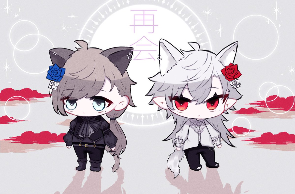 kuzuha (nijisanji) mole under eye multiple boys 2boys mole animal ears flower red eyes  illustration images