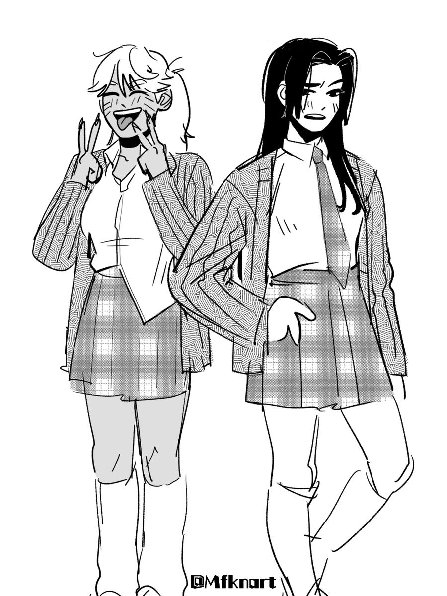 MfknArt's tweet photo. What if... 🫠
#sns #naruto #sasuke 
I drew this in a fevered state thinking about how cute they'd be as school rivals turned gfs 🥹
Does the outfit look familiar 🙈 https://t.co/euc6i2D4Kx