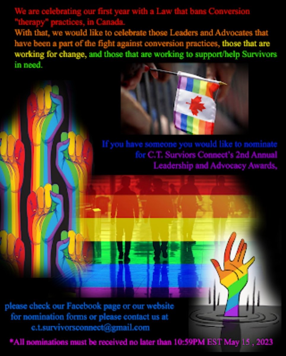 SurvivorsCt's tweet photo. Get your nominations in for the 2nd Annual Leadership and Advocacy Awards!!

Please contact c.t.survivorsconnect@gmail.com
to get your nominations form.

@NoConversionCA @CBRCtweets @SFU @enchantenetwork 

Please share and get those nominations in before May 15, 2023 https://t.co/ifu5T1tWUw