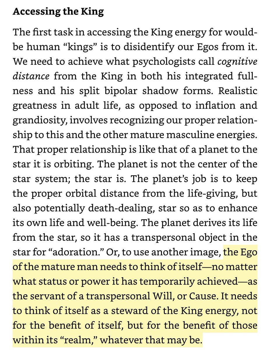 King energy is not is not self centered.  It is other-centered towards a greater cause that transcends the self. 

(Excerpt from King, Warrior, Magician, Lover, a book on archetypes)