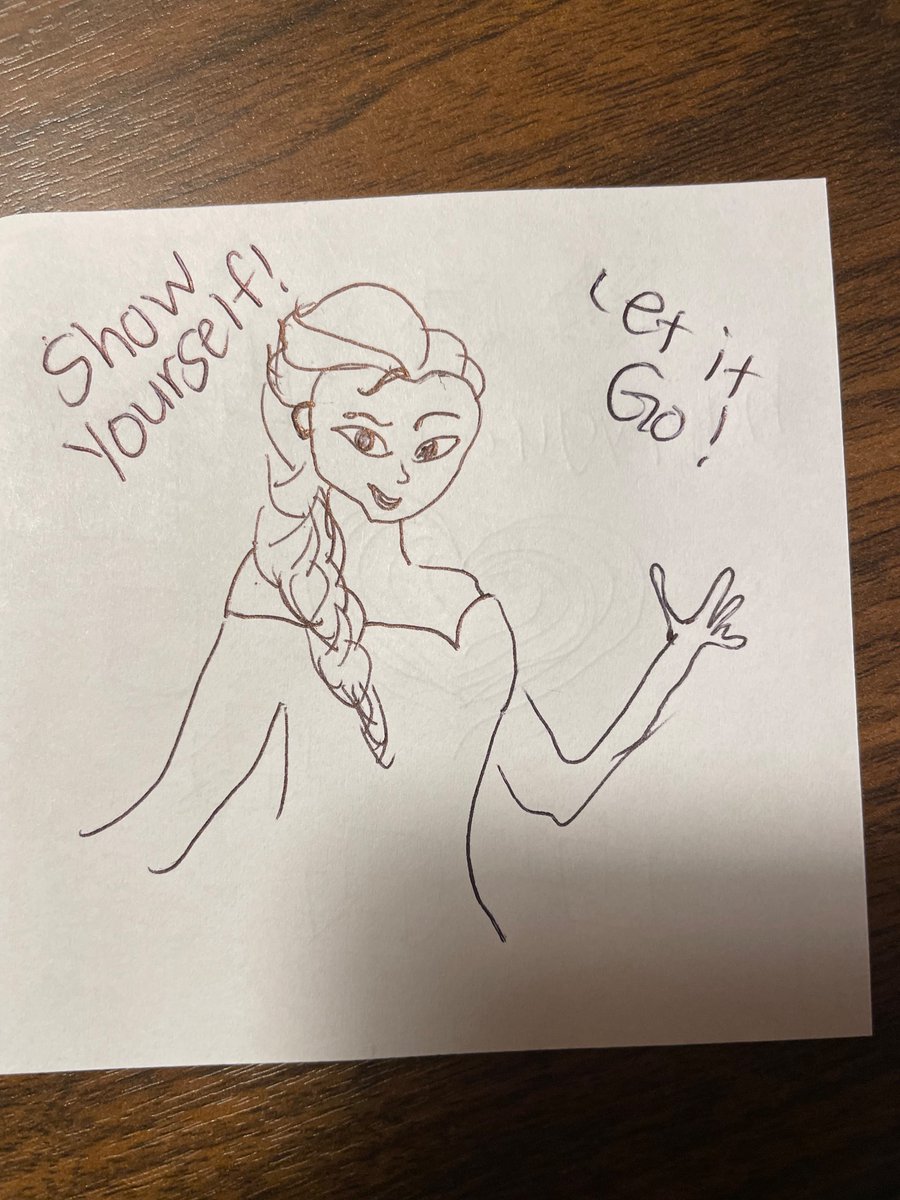 TarenGoGreen's tweet photo. Called home told my family my flight got canceled &amp;I’d be gone an extra night…my 4 yo cried. I quickly drew this little @DisneyFrozen picture of Elsa on scrap paper to make her feel better. She 💙Elsa. She stopped 😭 : “Wow! But where are her 👠? You forgot her other 🖐️!”😩😫 https://t.co/uLstGvRe5R