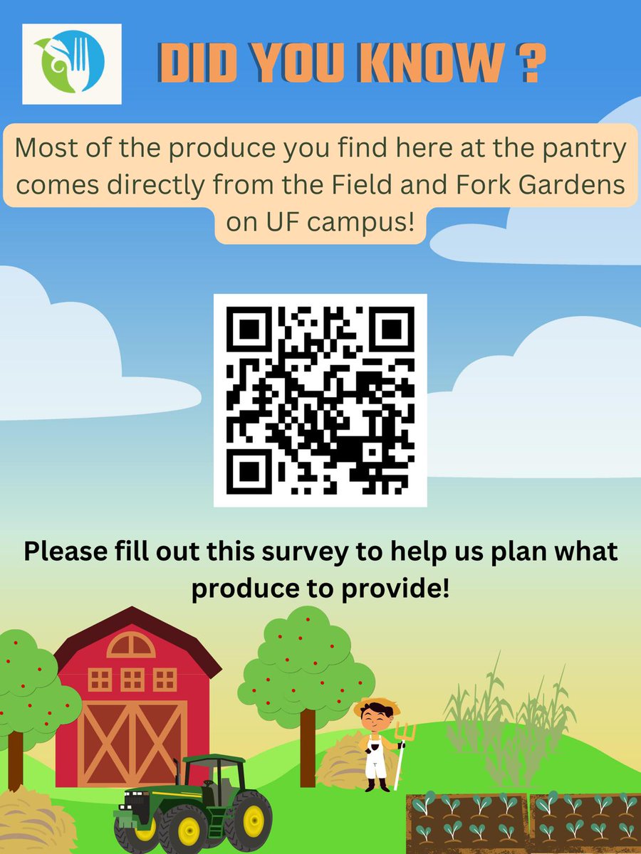At the Hitchcock Field and Fork Pantry, majority of the produce comes directly from the Field and Fork Farm and Gardens!

The Field and Fork Campus Food Program wants your feedback! Please scan the QR code and fill out the survey to help us plan what produce to provide!