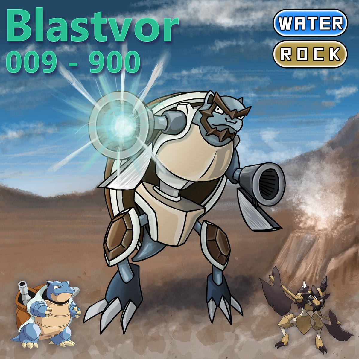 JigglePixel's tweet photo. Third set and last of the original starters for my Dexflip series. 
Fusing #pokemon based on the mirror of the dex number.
Squiveon, Wartozma, Blastvor.

#pokemonfusion #fakemon #pokemonart https://t.co/fW4o9nficJ