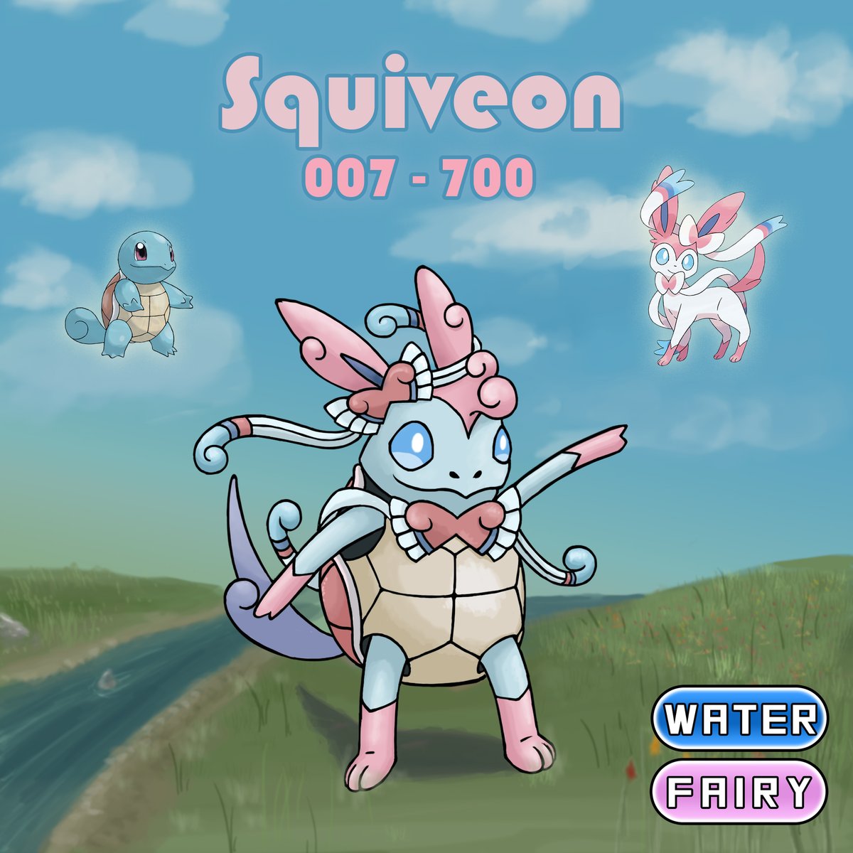 JigglePixel's tweet photo. Third set and last of the original starters for my Dexflip series. 
Fusing #pokemon based on the mirror of the dex number.
Squiveon, Wartozma, Blastvor.

#pokemonfusion #fakemon #pokemonart https://t.co/fW4o9nficJ
