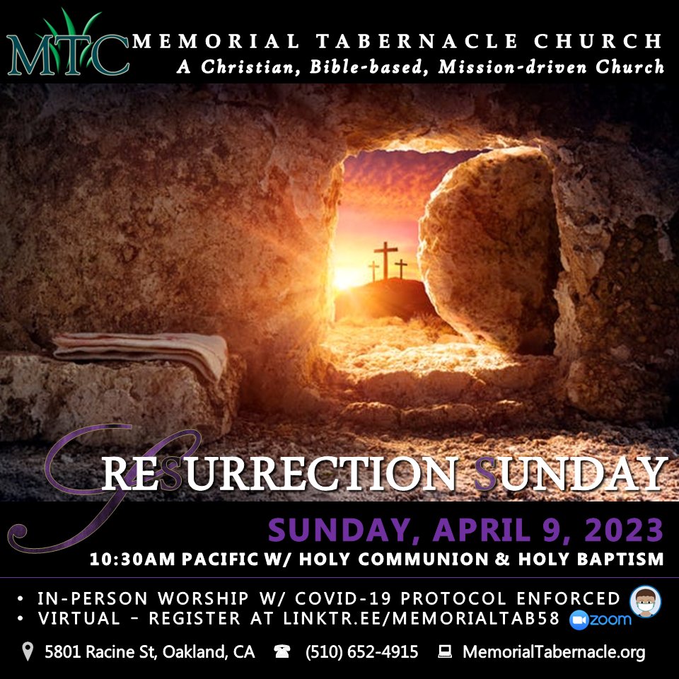 ...He is not here, but is risen! 

Pastor Stephen King, Mrs. Tiffany, &amp; the Memorial Tabernacle Church Family invite you to celebrate Christ with us.
RESURRECTION SUNDAY — April 9th at 10:30 a.m. with Holy Communion, Holy Baptism, and Post Fellowship (linktr.ee/MemorialTab58)