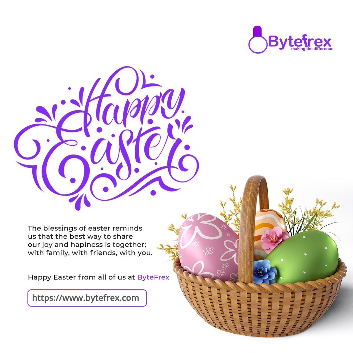 ByteFrex's tweet photo. The blessings of easter reminds us that the best way to share our joy and hapiness is together; with family, with friends, with you.

Happy Easter from all of us at ByteFrex.
#bytefrex #happyeaster #makingthedifference #betalife https://t.co/ziQysNRIJb