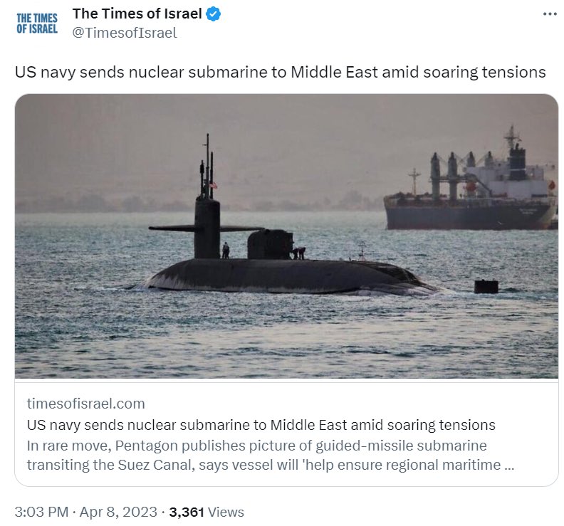 «You want peace?We will give you a 'piece' of this"US Navy sends a nuclear submarine loaded with missiles to the Middle East after Saudi Arabia makes peace with Iran, Syria and Yemen.America is a crazy and dangerous hegemon unable to handle its decline amidst the changing world o
