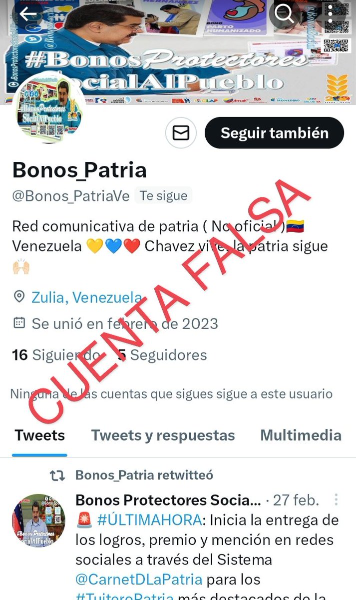 🚨 #ATENCIÓN: 1/2 Suscriptores y suscriptoras evite seguir está Cuenta Falsa llamada @Bonos_PatriaVe

Nuestra única redes sociales:
📌 t.me/BonosProtector…
📌 instagram.com/BonosSocial
📌 facebook.com/BonosSocial
📌 x.com/BonosSocial

<a href="/BonosSocial/">Bonos Protectores Social Al Pueblo</a>
#PuebloEnAmorYPaz