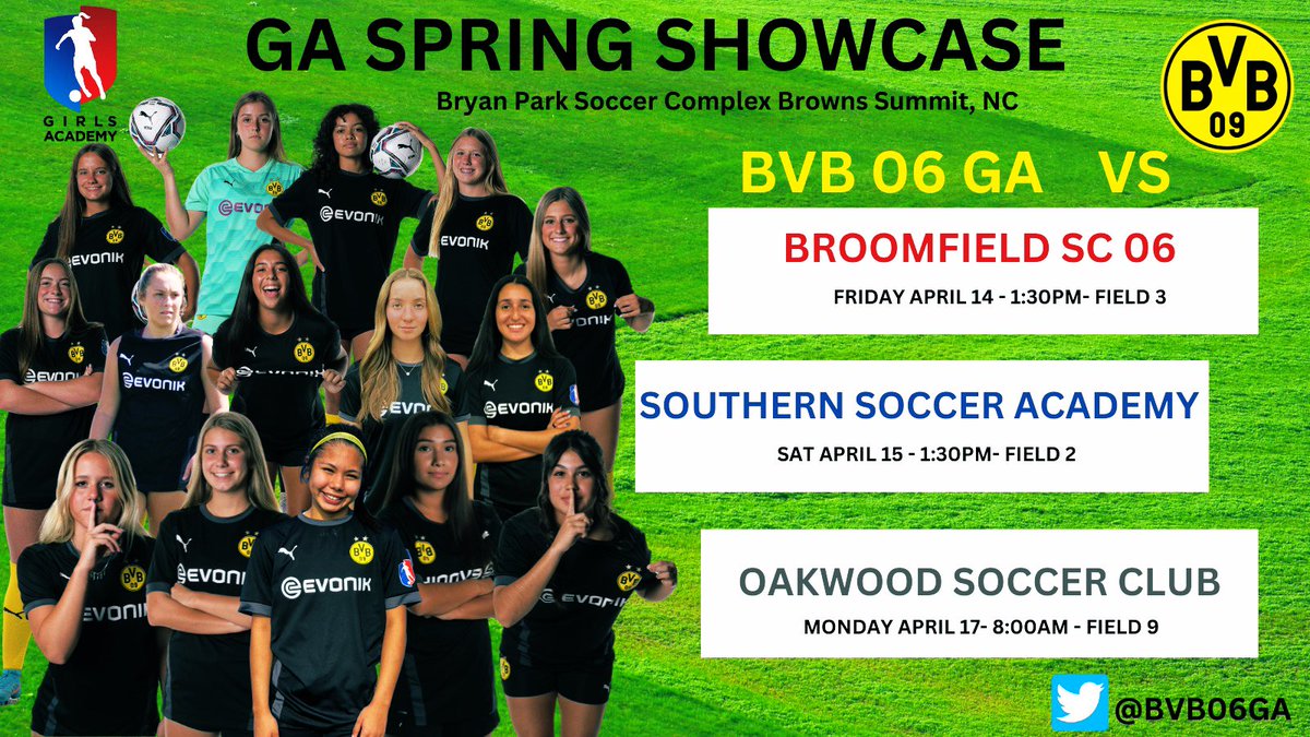 GA Spring Showcase here we come! Less than a week away until we kick off In Greensboro NC. Come ✅ us out. Schedule 👇🏼👇🏼👇🏼

<a href="/GAcademyLeague/">Girls Academy</a> <a href="/bvbiantx/">BVB International Academy North Texas</a> <a href="/TopDrawerSoccer/">TopDrawerSoccer</a> <a href="/PrepSoccer/">Prep Soccer ⚽️</a> <a href="/ImYouthSoccer/">ECNL/GA/Recruiting/College Soccer</a> <a href="/ImCollegeSoccer/">College Soccer Truth ™</a> <a href="/bvb_ntxga/">BVB NTX Girls Academy</a> <a href="/audrey2297/">Audrey Gutierrez</a> <a href="/CoachGallimore/">Lesle Gallimore (she/her)</a>
