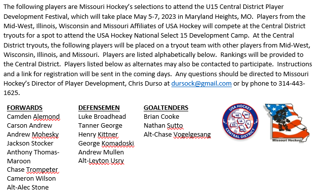 Missouri Hockey Player Development (@mohocplayerdev) on Twitter photo Congratulations to Missouri Hockey's selections to attend the 2023 U15 Central District Player Development Festival in Maryland Heights, MO <a href="/STLCIC/">Centene Community Ice Center</a> from May 5-7, 2023. <a href="/mohockeyyd/">MO Hockey Youth Div</a>
<a href="/usahockey/">USA Hockey</a> Congratulations to Missouri Hockey's selections to attend the 2023 U15 Central District Player Development Festival in Maryland Heights, MO <a href="/STLCIC/">Centene Community Ice Center</a> from May 5-7, 2023. <a href="/mohockeyyd/">MO Hockey Youth Div</a>
<a href="/usahockey/">USA Hockey</a>