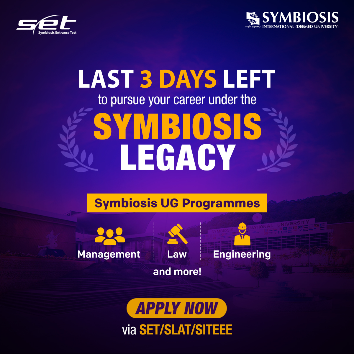 SETSymbiosis's tweet photo. Only 3 days left to register and pay for SET/SLAT/SITEEE.

Apply for Symbiosis UG programmes.

#symbiosis #symbiosisinternationaluniversity #set2023 #siteee2023 #slat2023 #BBA #BTech #BCA #BSc #BBALLB #BALLB #BA #Undergraduate #UgPrograms #ugdegree https://t.co/Qq22N2u8V2