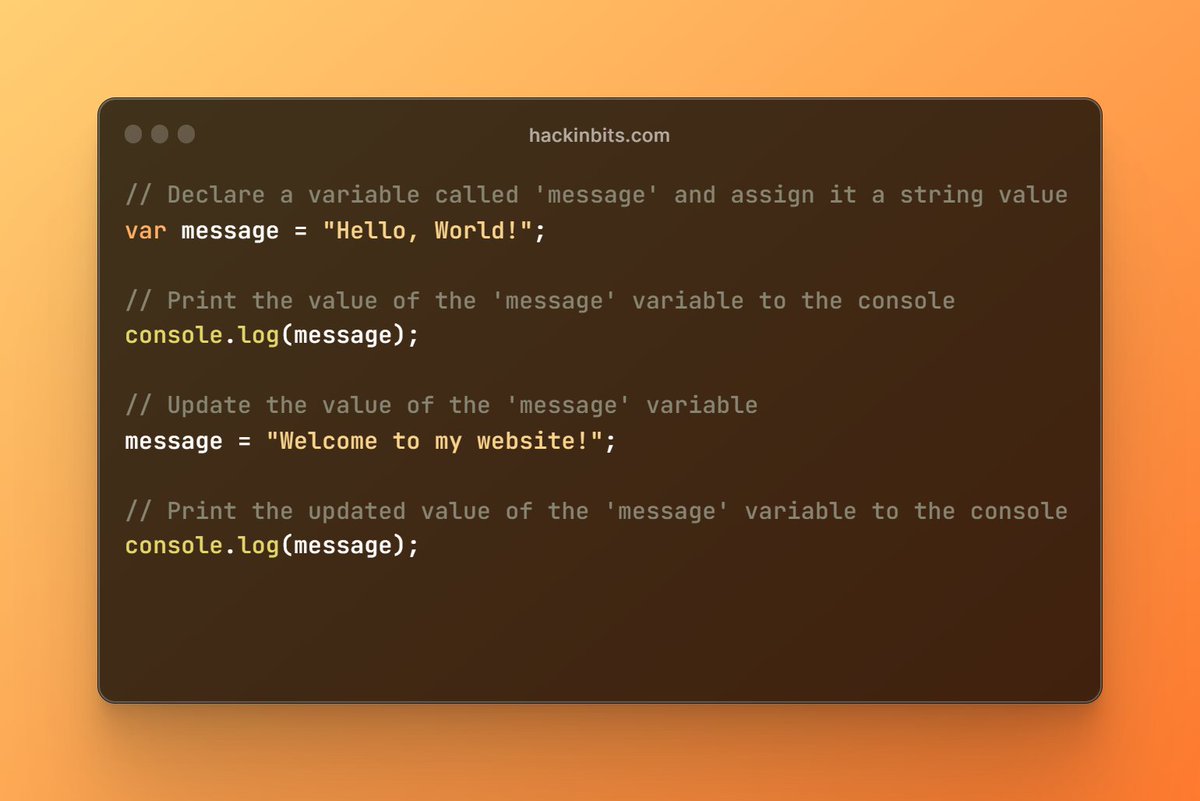 hackinbits's tweet image. Variables in #JavaScript allow you to store and manipulate data. They're like little containers that hold the information you need.
#webdevelopment #coding