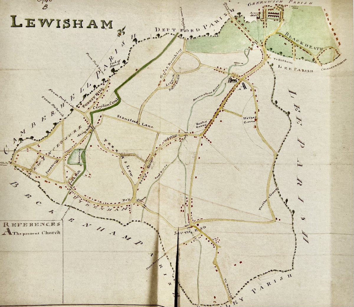 1825 map of Lewisham, showing Ravensbourne and Pool rivers as well as Croydon Canal. In 1900 the parish of Lee joined to form the Metropolitan Borough of Lewisham which in 1965 was merged with Deptford to form the London Borough of Lewisham #lewisham