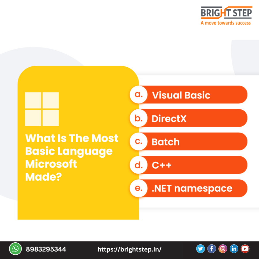 BrightStepGroup's tweet image. What is the most basic language Microsoft made?
1. Visual Basic
2. DirectX
3. Batch
4. C++
5. .NET namespace
#QuizPost #Microsoft #DeveloperQuiz #BrightstepGroups