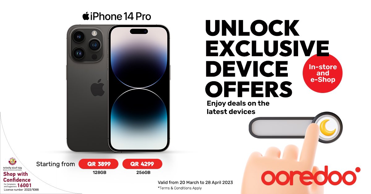 OoredooQatar's tweet photo. ๐ด
Unlock savings on new devices this Ramadan! Upgrade to an iPhone 14 Pro at a new low price. Shop online or visit your nearest store. https://t.co/kXauvFveUf
#ConnectingAndGiving #Ooredoo #UpgradeYourWorld https://t.co/a8l2VnXnWa