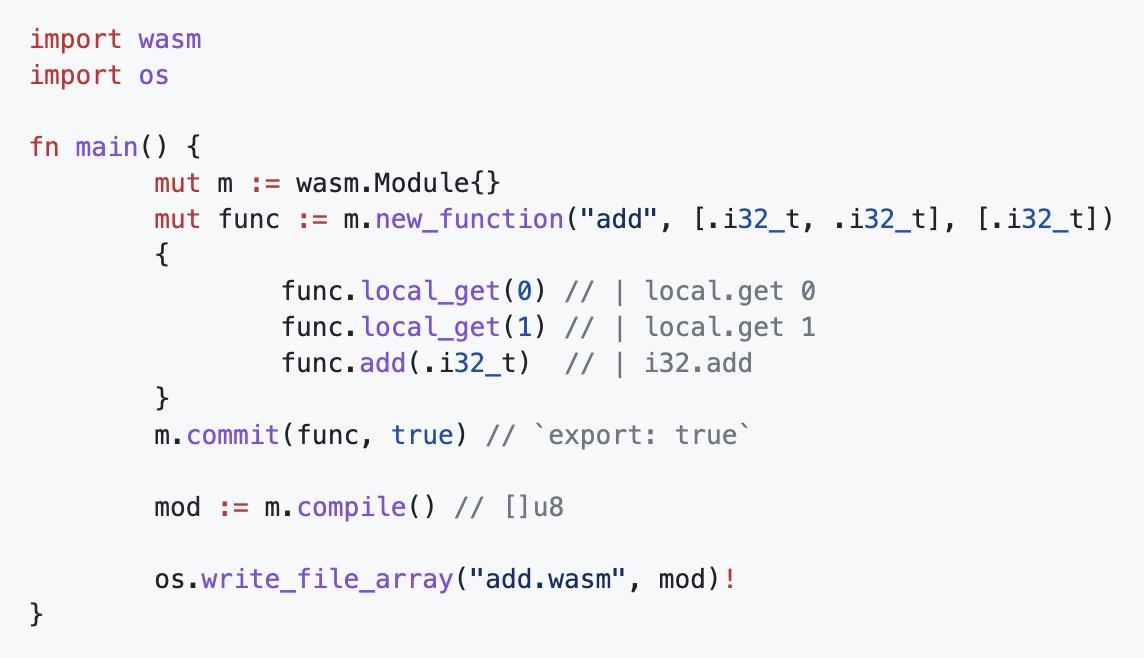 V now has a new wasm module with a pure V implementation of the wasm bytecode module format!

It provides a builder to generate wasm modules in memory, enabling users to create functions, opcodes, and use the entire wasm specification without relying on large deps like binaryen.