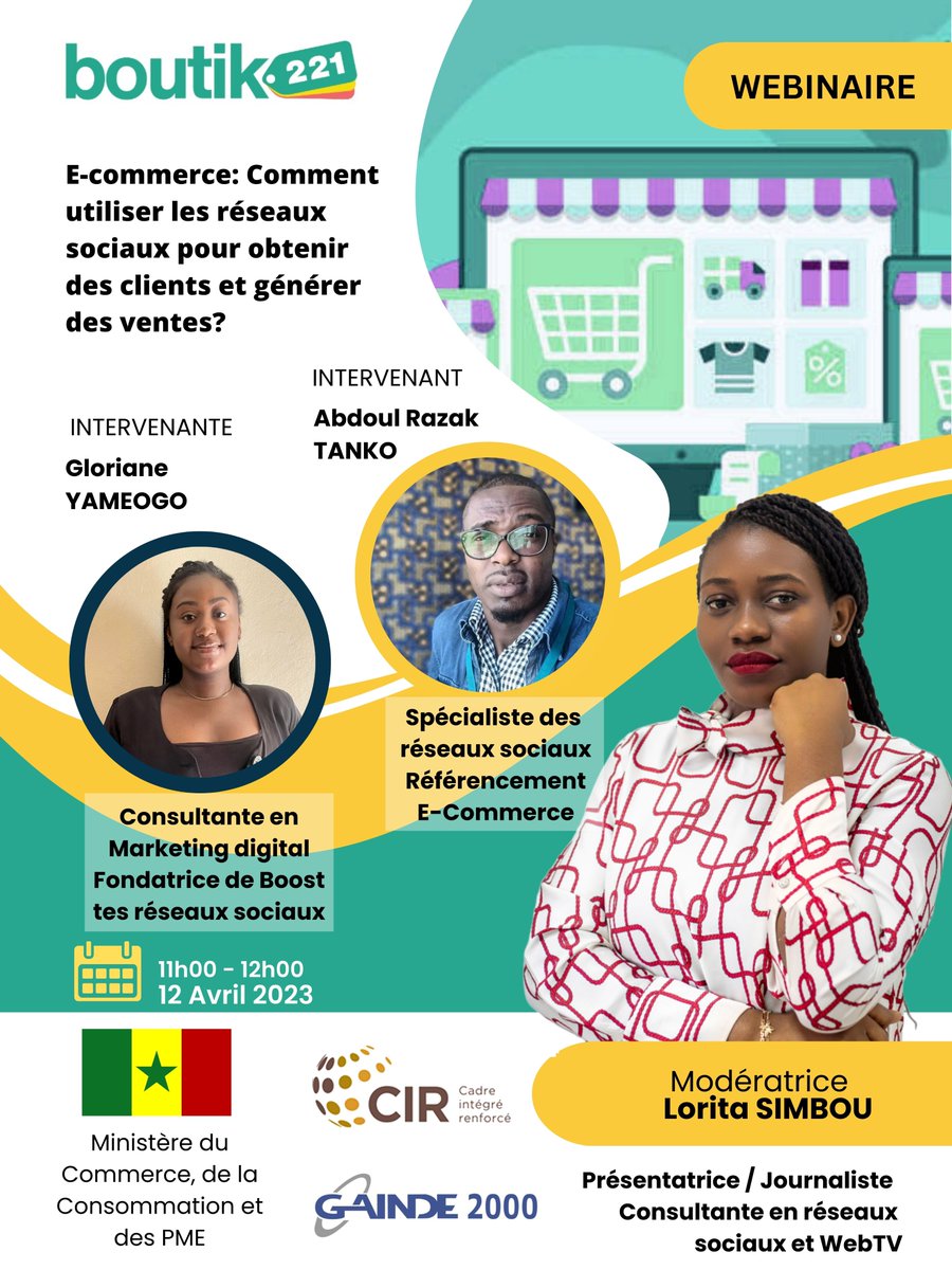 Webinaire du 12 avril à 11h "E-commerce: Comment utiliser les réseaux sociaux pour obtenir des clients et générer des ventes?"
Lien d’inscription: us02web.zoom.us/webinar/regist…
#boutik221 #webinaire #marketingdigital #ecommerce #boutiqueenligne #venteenligne #senegal #reseauxsociaux