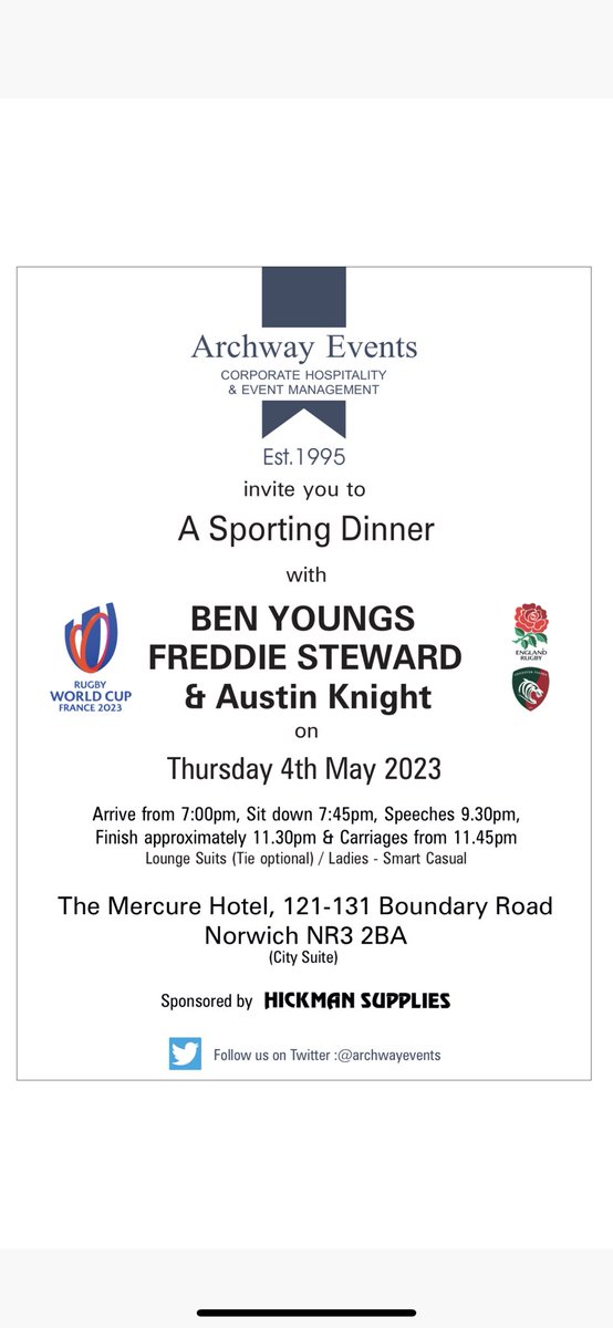 Really looking forward to hosting these two rugby sporting dinners, next month !

<a href="/anthonywatson_/">Anthony Watson</a> <a href="/comedianuk/">austin knight</a> <a href="/simplymagic19/">Sean Goodman</a> <a href="/DeniseABrady/">Denise Brady Photography</a> <a href="/mercurenorwich/">Mercure Norwich Hotel</a> <a href="/CambridgeBelfry/">Cambridge Belfry</a> <a href="/hickmansupplies/">Hickman Supplies</a> <a href="/AdcockUK/">Adcock</a> 
<a href="/benyoungs09/">Ben Youngs</a>