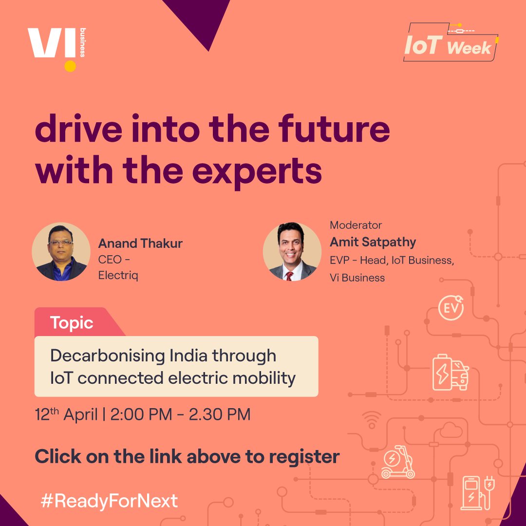 The #EV industry is rapidly evolving, and #IoT technology is playing a crucial role in powering this transformation. Join our panel of experts to discover the power of IoT. Register now ​buff.ly/3ZNLqgT

#BeFutureReady #ReadyForNext #WorldIoTDay #ElectricVehicles #IoTDay