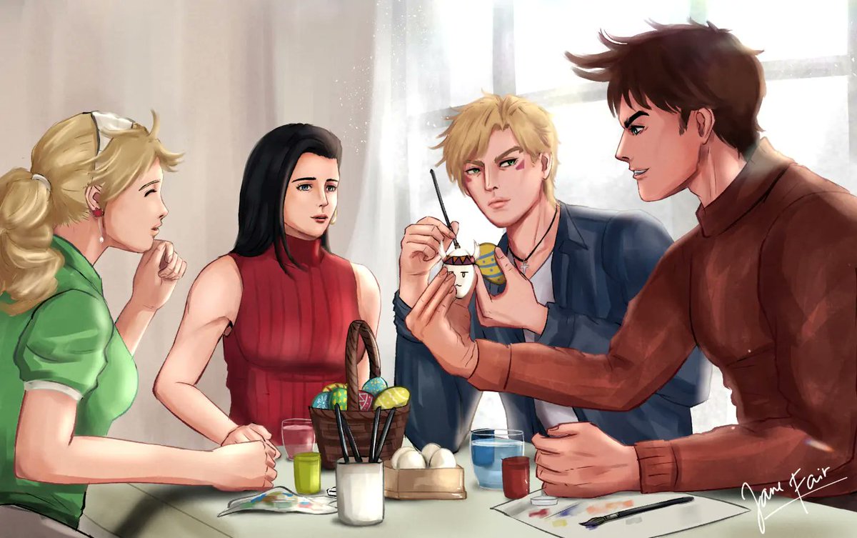 JJBAFESS's tweet photo. jjba! Selamat Paskah bagi yang merayakan. Ini dapat kiriman kartu pos dari keluarga kecil Joestar. (Art by sender) https://t.co/WwIsGbnmDP