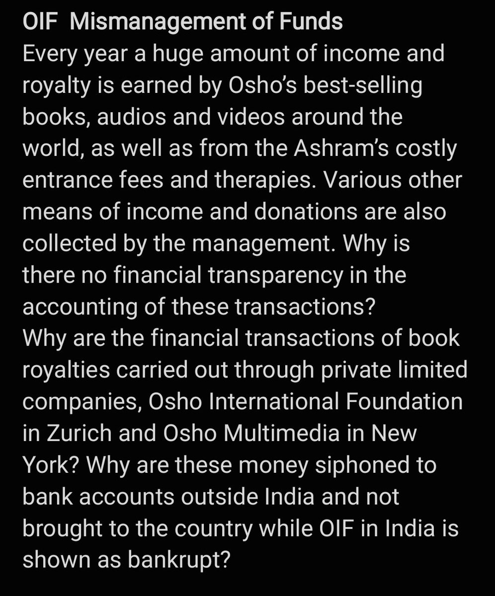 SWANEERAV's tweet photo. OIF Trustees have been siphoning the ashram's money to their shell companies and private bank accounts! Where is the Indian ED? Where is the CBI? @aajtak @ABPNews @HMOIndia @PMOIndia @CMOMaharashtra @Dev_Fadnavis #KPpunePoliceBrutality #SaveOshoLegacy #RemoveOIFtrustees https://t.co/znb65pmKTI