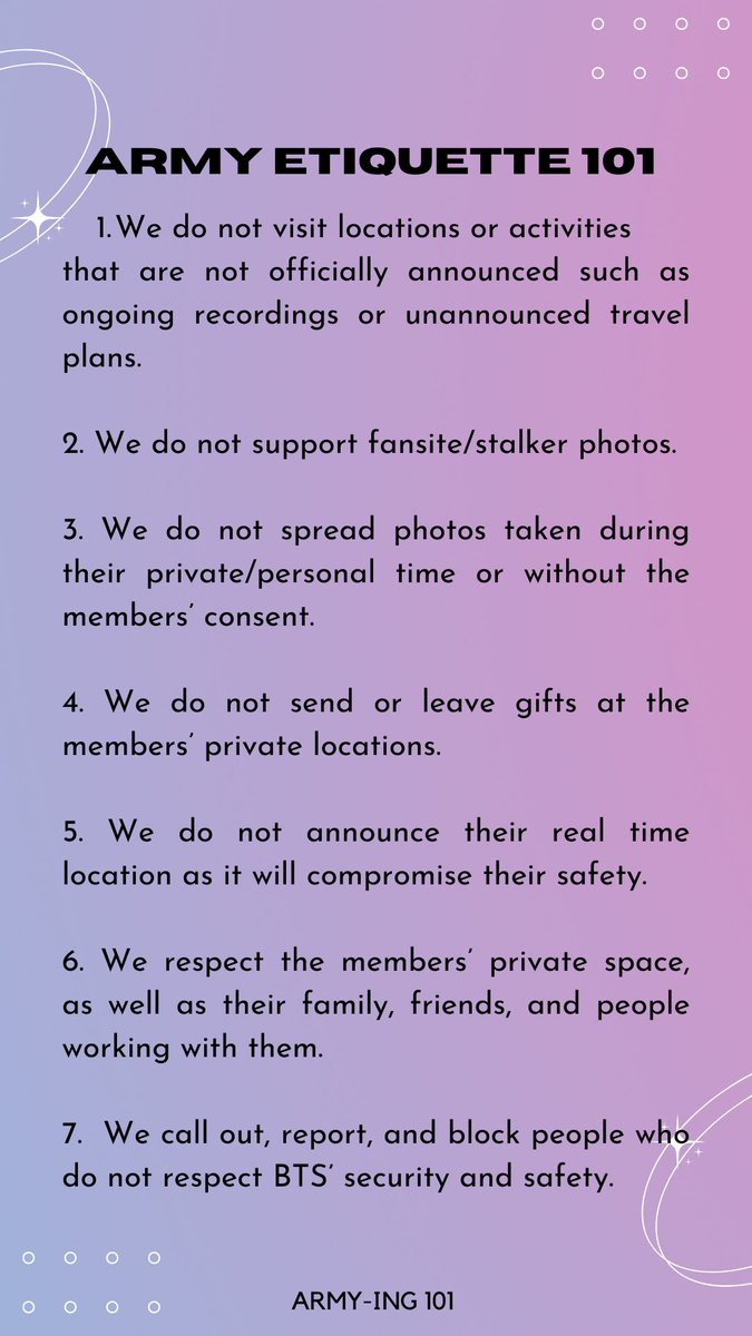 ARMYing101_'s tweet photo. ARMY ETIQUETTE 🌟

You have my permission to share to other platforms. https://t.co/b9LSMQenvC