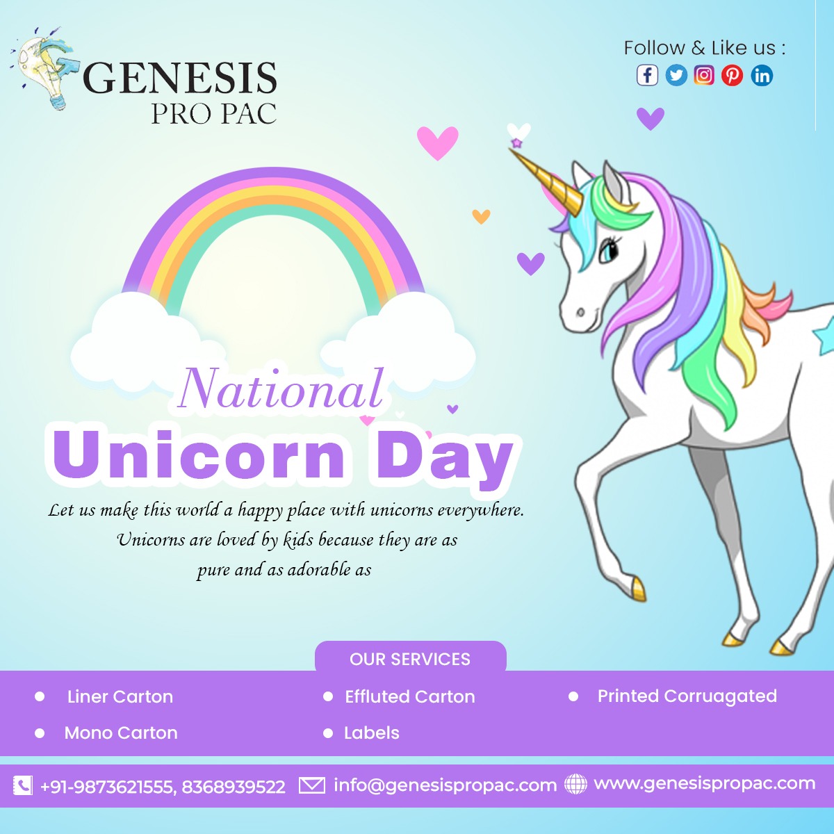 The occasion of Unicorn Day reminds us that in such a short span of time, unicorn has won so many hearts with its love.🌈 🦄
.
.
.
#unicorn #rainbow #unicornparty #unicornlove #art #handmade #cute #pink #birthday #cake #unicornlife #unicornios #kids #Genesispropac