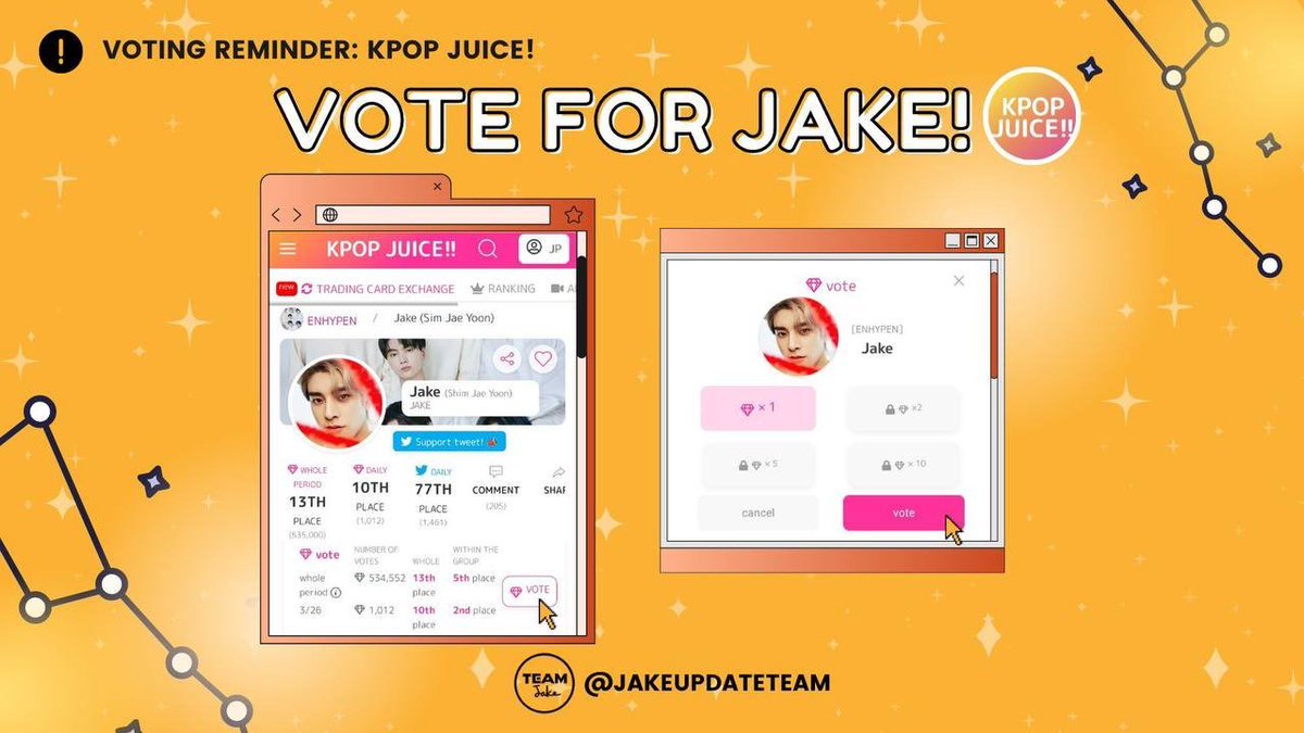 090423 ┃KPOP JUICE

#JAKE is #10🔻 on the daily rankings! 

Use tags on Twitter, watch fancams, vote on website to increase his rank! 🙏

Vote: kpopjuice.com/member/jake
Tutorial: bit.ly/3xOg5NO

#ENHYPEN_JAKE #제이크 #엔하이픈_제이크 
<a href="/ENHYPEN_members/">ENHYPEN</a> <a href="/ENHYPEN/">ENHYPEN OFFICIAL</a>