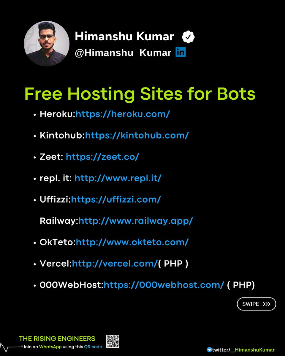 FREE HOSTING SITES FOR BOTs :

1. Heroku - heroku.com

2. Kintohub - kintohub.com

3. Zeet - zeet.co

4. repl it - http://www.replit/

5. Uffizzi - uffizzi.com

6. Railway - railway.app