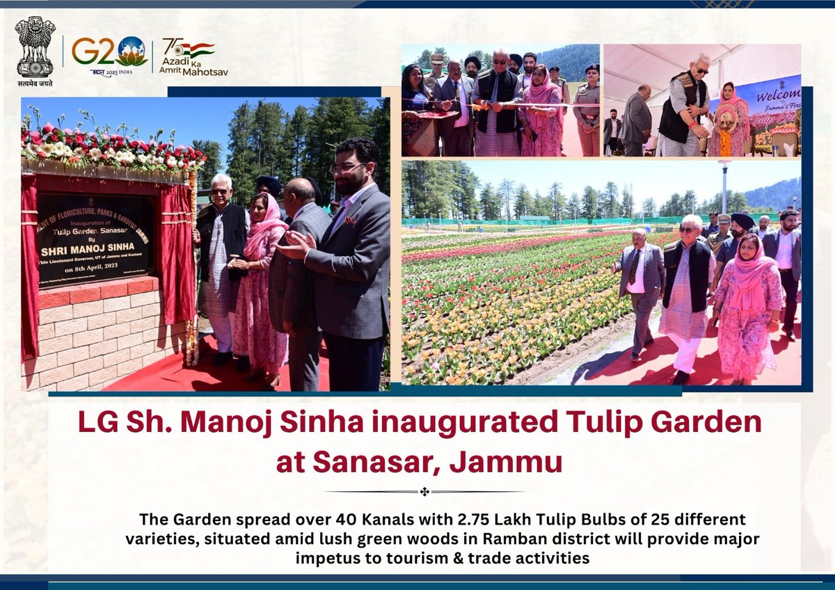 diprjk's tweet photo. LG Sh. Manoj Sinha inaugurated Tulip Garden at Sanasar, Jammu. The Garden spread over 40 Kanals with 2.75 Lakh Tulip Bulbs of 25 different varieties, situated amid lush green woods in Ramban district will provide major impetus to tourism &amp; trade activities.
@PMOIndia 
@tourismgoi https://t.co/0HF3Cabtbo