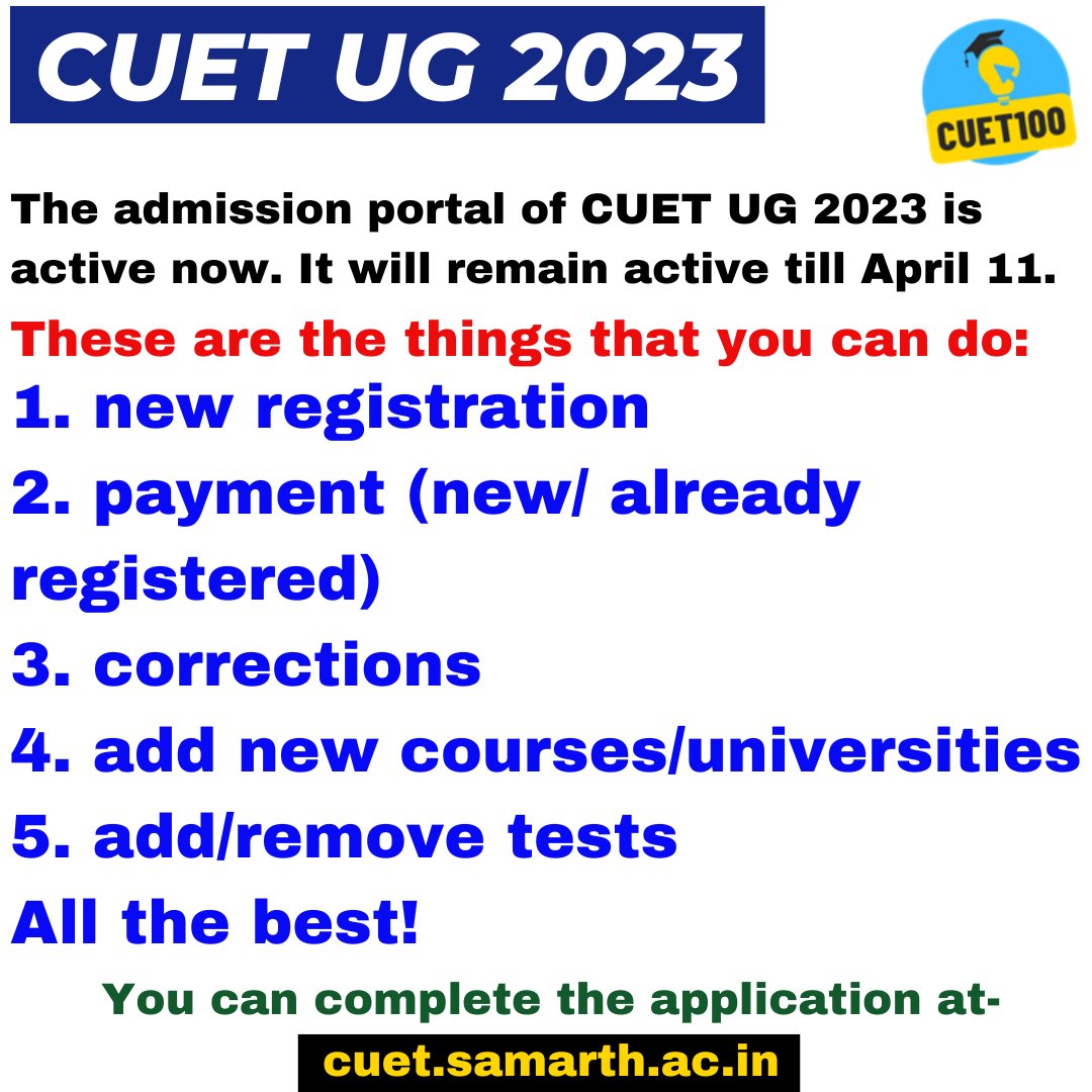 100CUET's tweet photo. Big news : CUETUG 2023 application portal is active now: official notification: https://t.co/w9VHfhwJ1d #cuet2023 #CUETUG2023 #CUETUG #cuetcoaching #cuetuggeneraltest #GeneralTest #cuetcoaching #cuetupdates #cuetapplication #cuetugapplicationreopen https://t.co/vN9jhQV68b