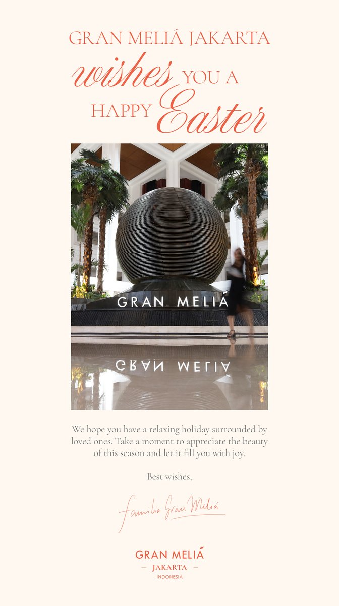 Gran Melia Jakarta wishes you a Happy Easter.

We hope you have a relaxing holiday surrounded by loved ones. Take a moment to appreciate the beauty of the season and let it fill you with joy.

#GranMeliaJakarta #ALifeWellLived