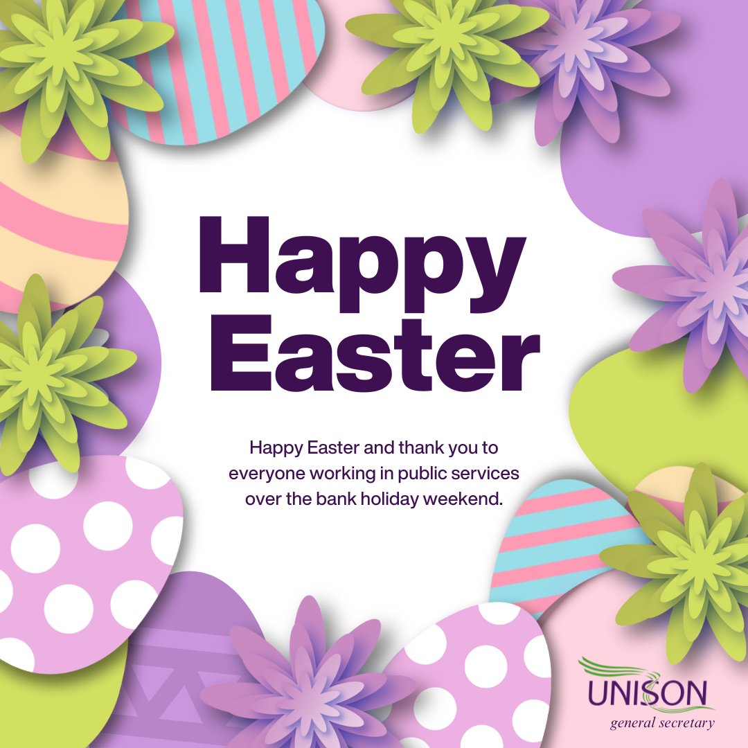 Wishing everyone a Happy Easter. Today I'm thinking of all those workers keeping our public services going over the Easter bank holiday weekend.