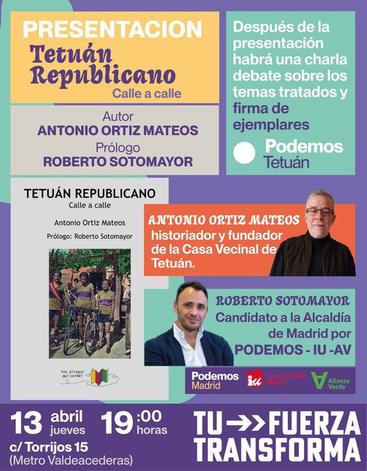 Jueves 13 a las 19h.  c/ Torrijos, 15
Presentación del libro

"Tetuán Republicano, calle a calle" de Antonio Ortiz
cordelesdehesavilla.blogspot.com/2023/03/tetuan…