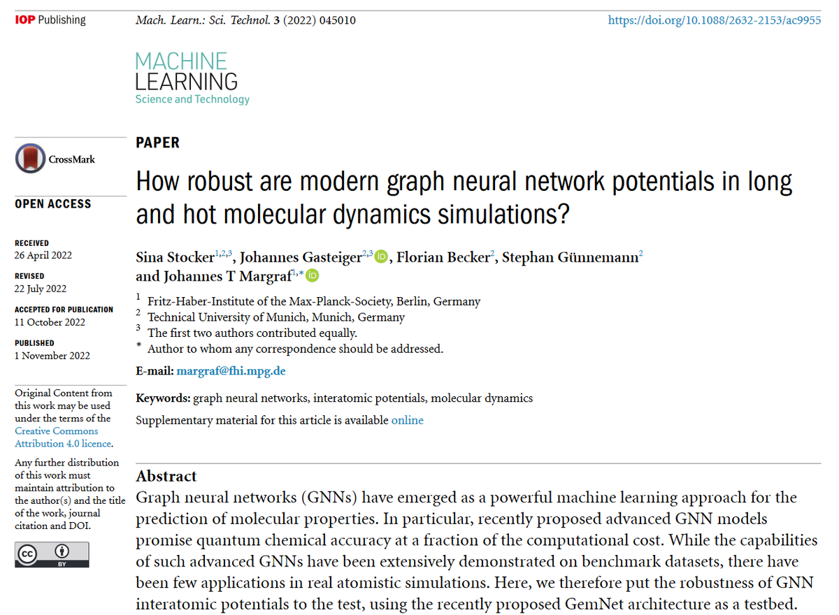 NOW >3K DOWNLOADS!🥳'How robust are modern graph #neuralnetwork potentials in long and hot #moleculardynamics simulations?' by @gasteigerjo @jtmargraf @guennemann @fhi_mpg_de @TU_Muenchen - bit.ly/3DMi4b5 #compchem #machinelearning #graphs #AI #materials #HPC #condmat