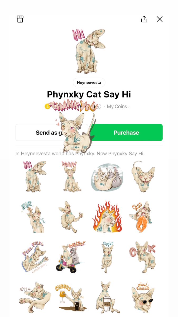 😸“Phynxky Cat Say Hi”
😻V.1 click here to download👇🏼

line.me/S/sticker/2247…

😽Thank you for support🙏🏼
#Phynxky #sphynx #cat #lovers #line #sticker #StickerLineMe #shopping #art #Handdrawn #digitalpainting #illustrations #Creator #artist #illustrator