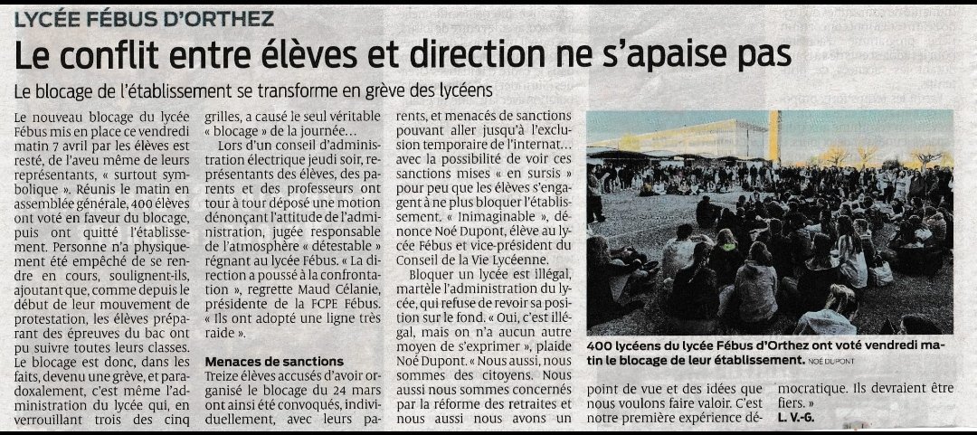 bernathoustra's tweet photo. Il y a certes des LBD et des lanceurs de grenades lacrymogène à hauteur de tête devant des adolescents... mais il y a aussi le zèle de certains CPE (voir #ConflansSainteHonorine) ou chefs d'établissements qui, au lieu de réfléchir aux situations en bonne intelligence, ce peut être le cas, préfèrent la menace et le tout punitif pour un résultat catastrophique à la sortie.
 
Le modèle macroniste c'est aussi cela, un sentiment de toute puissance dès qu'un pouvoir est donné. Aussi petit soit-il. Sentiment redoublé d'une épaisse bêtise dans la compréhension des situations humaines. Une incompréhension de ce qu'est le politique. Un ruissellement de caporalisation stupide qui donne l'impression que pour être un vrai républicain, il faut cogner comme un sourd avec des coups de menton en prime et bonus. 

Connerie et destruction. 

#ReformeDesRetraites #greve13avril #MacronEnChine