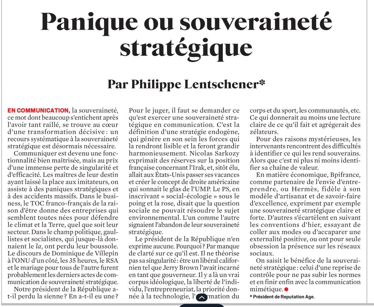 Véronique Reille Soult (@reillesoult) on Twitter photo Très jolie tribune de <a href="/lentschener/">Lentschener philippe</a> dans le <a href="/leJDD/">Le JDD</a> 
Sortir des lieux communs au profit de la « souveraineté stratégique » voilà qui mérite attention et réflexion ! 👊 Très jolie tribune de <a href="/lentschener/">Lentschener philippe</a> dans le <a href="/leJDD/">Le JDD</a> 
Sortir des lieux communs au profit de la « souveraineté stratégique » voilà qui mérite attention et réflexion ! 👊