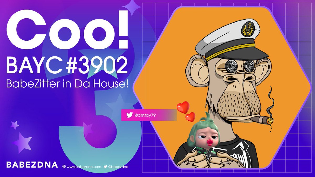 Welcome BAYC#3902 captain👨🏻‍✈️<a href="/Dmtay79/">dmtay.eth</a> in Da House 🏠 Yay! 

Love your tuxe-print tee. 🍼🍼
Weee Babez are ready Aye! Aye! 👶🏻👶🏻

#Ilovemyape #BoredApeYC #BABEZDNA